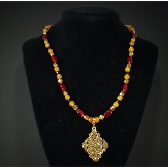 Vintage 1928 Necklace Red Gold Beaded Pendant Quartz Cabochon Black Crystals - Picture 5 of 10